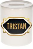 Bellatio Decorations Shoppartners Bv Spaarpot met voornaam Tristan - wit - met goud/zwart embleem - 8 x 9 cm - keramiek - met afsluitdop - cadeau verjaardag