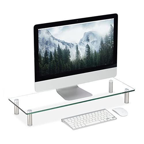 Relaxdays Beeldschermstandaard glas, tv-opzetstuk, notebookstandaard in hoogte verstelbaar 9-11 cm, B x D: 70 x 24 cm, transparant