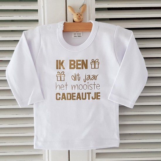 Merkloos / Sans marque Baby shirtje - Eerste Kerstmis - Wit met gouden tekst - Maat 92 - Lange mouw