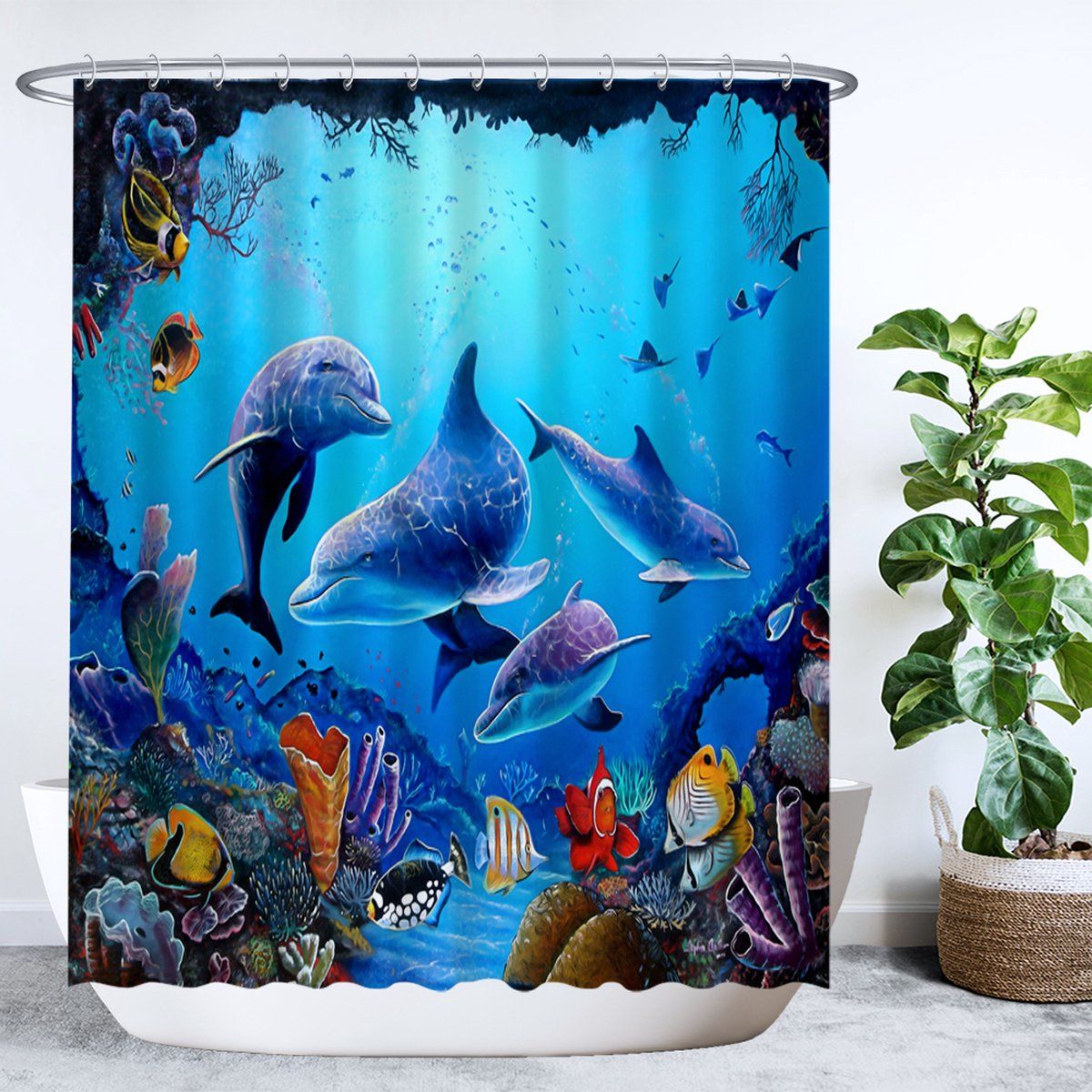 Ulticool Douchegordijn - Dolfijn Zee Vissen Aquarium - 180 x 200 cm - semi Transparant - Blauw