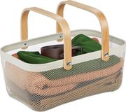 Merkloos Relaxdays metalen opbergmand, draadmand met 2 houten handvaten, rechthoekige badkamermand, gaas, modern, wit