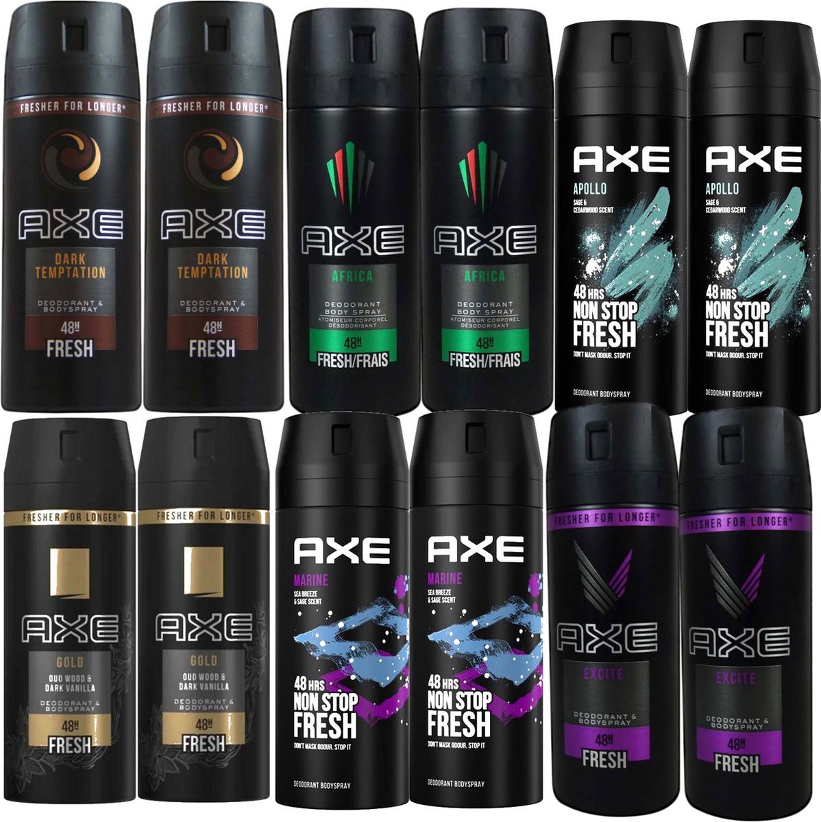 AXE Deodorant Spray 12 stuks - Voordeelverpakking Deo - 2X Dark Temptation - 2x Africa - 2x Apollo - 2x Gold - 2x Marine - 2x Excite