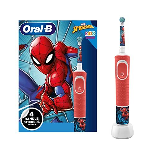 Oral-B Kids elektrische tandenborstel, kerstcadeaus voor kinderen, 1 tandenborstelkop, x4 Spiderman stickers, 2 modi met kindvriendelijke gevoelige modus, voor leeftijden 3+, 2 pins UK Plug, rood