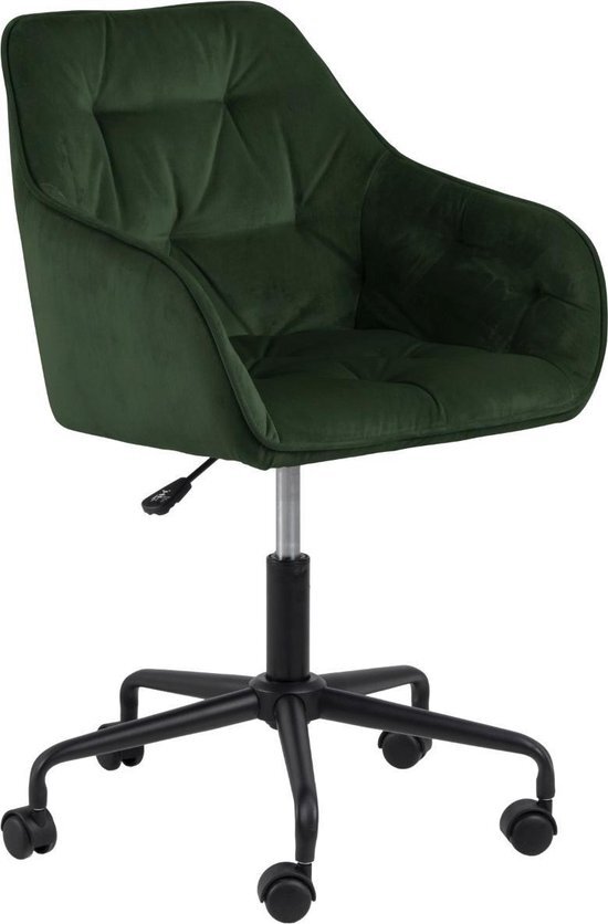 AC Design Furniture Shelby Bureaustoel Fluweel - Velvet Bosgroen - Zwart Metaal - 5-Teens Kruispoot Op Wielen