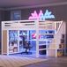 Lit mezzanine gaming 140x200, métal, avec éclairage LED, ports USB, bureau, penderie ouverte, échelle (blanc)