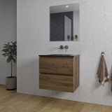 Saniclass Chaci Badkamermeubelset - 60x46x55cm - keramische wastafel zwart - 1 wasbak - zonder kraangat - 2 lades - rechthoekige spiegel - noten (hout)