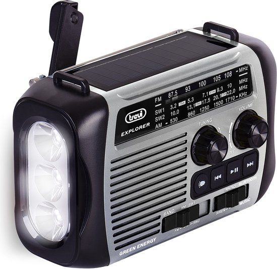 Trevi Draagbare Dynamo en Solar Radio USB Micro SD Draadloos en Powerbank – Grijs
