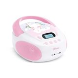 MOOOV 477407 CD-speler voor kinderen, eenhoorn, MP3 en USB-poort, AUX-in, hoofdtelefoonaansluiting, draagbaar station met draaggreep, stroomvoorziening of batterijen, roze en wit