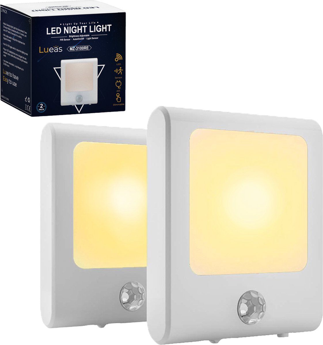 Lueas® - 2 x stopcontact lampje met bewegingssensor - warm licht - dimbaar