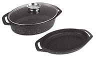 Kamberg - Ovenschaal, 3-Delig, 38 X 26 X 12,8 Cm, Aluminiumplaat, Steen-Look, Glazen Deksel, Voor Alle Fornuizen, Ook Geschikt Voor Inductiekookplaten, Pfoa Vrij, Grijs.