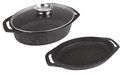 Kamberg - Ovenschaal, 3-Delig, 38 X 26 X 12,8 Cm, Aluminiumplaat, Steen-Look, Glazen Deksel, Voor Alle Fornuizen, Ook Geschikt Voor Inductiekookplaten, Pfoa Vrij, Grijs.