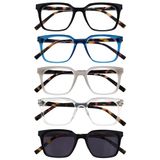 OPULIZE KOI Leesbrillen met Zonnelezer 5-Pack - Rechthoekig Montuur - Zwart-Blauw-Grijs-Helder-Zwart - Heren Dames - Veerscharnieren - RRRRS50-137C1 - +1.50