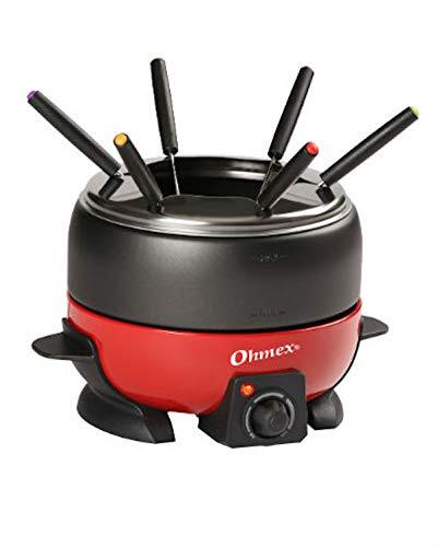 Ohmex OHM-FND-1000G fondue-koois, 800 W, thermostaat, verstelbaar, 6 fondue-vorken voor pannen, antiaanbaklaag, 2 l, zwart/rood