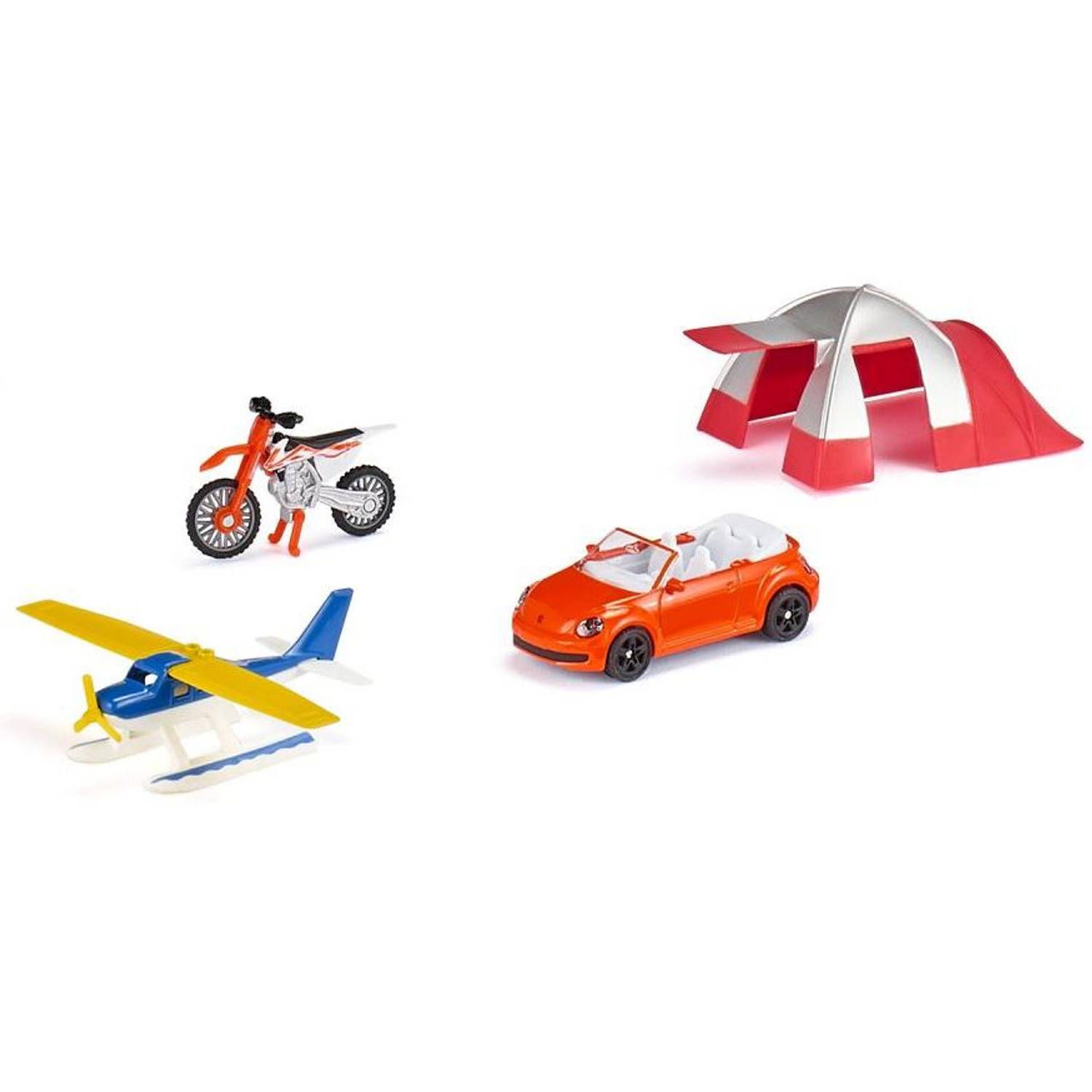 SIKU 6325 - Vrijetijdsset - Incl. Cabrio, Cross Motorfiets, Watervliegtuig En Tent - Metaal/Kunststof - Multicolor