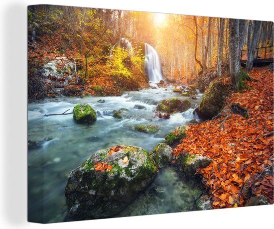 OneMillionCanvasses Canvas schilderij - Waterval - Herfst - 140x90 cm