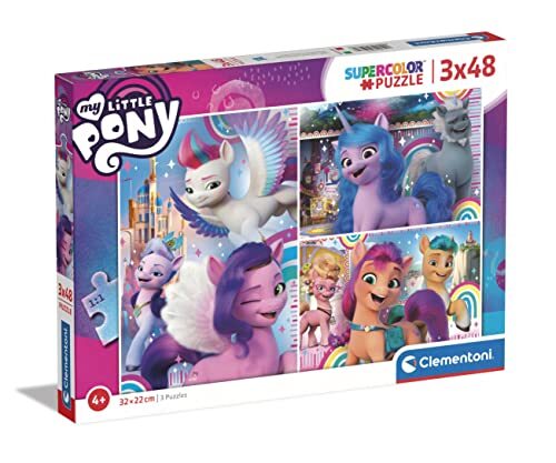 Clementoni My Little Pony Supercolor Pony-3 x 48 (bevat 3 48 stukjes) - Made in Italy, kinderen 4 jaar, dieren, cartoon-puzzels, meerkleurig, medium, 25275