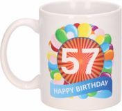 Bellatio Decorations Shoppartners Bv 57 jaar Verjaardag koffiemok - cadeau beker - feestelijke ballonnen print - 300 ml - keramiek - wit
