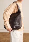Manfield Donkerbruine leren croco shopper
