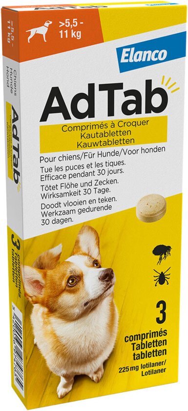 Elanco - Adtab Anti Vlooien en Teek Kauwtabletten - Hond - Bescherming - &gt; 5,5 - 11 kg - 3 Tabletten - 1 Keer Per Maand