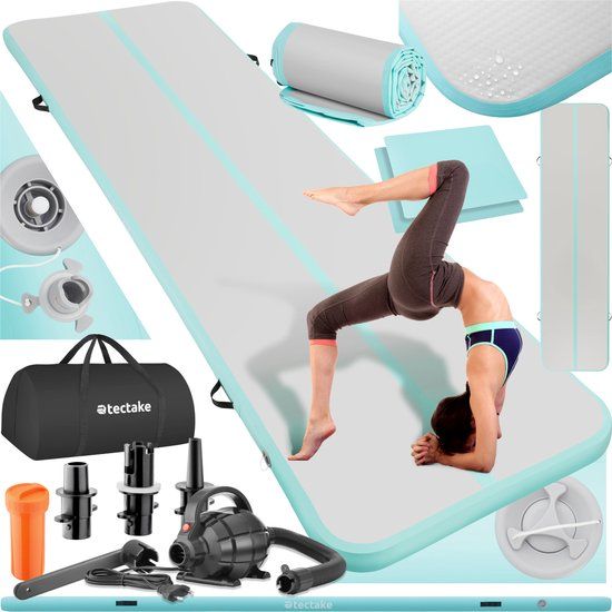 tectake Airtrack Mat - Opblaasbare Gymnastiekmat Air Flexy - Incl. Pomp & Tas - 397x104x10cm - Grijs