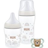 NUK Perfect Match Babyflessen & Fopspeen Set | 0-3 Maanden | 2 x Anti-Koliek Voedingsflessen (150ml, 260ml), 1 x Perfect Match Luchtverzachter | Regenboog | 3 Stuks