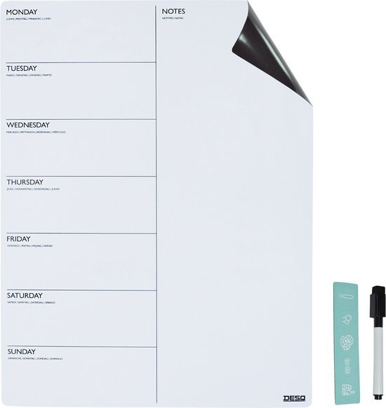 DESQ&#174; Weekplanner - 40 x 30 cm - A3 | 5 magneten| Whiteboard marker | Magnetisch | Droog uitwisbaar | Nederlands