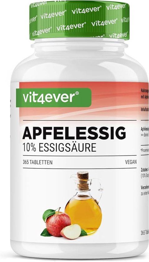 Vit4ever Appelciderazijn - 365 tabletten - Hooggedoseerd met 1000 mg per dagelijkse portie - Met 10% appelciderazijnzuur - 6 maanden voorraad - Zonder ongewenste toevoegingen - Veganistisch
