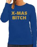 Bellatio Decorations Shoppartners Bv Foute Kersttrui / sweater - Christmas Bitch - goud / glitter - blauw - dames - kerstkleding / kerst outfit S