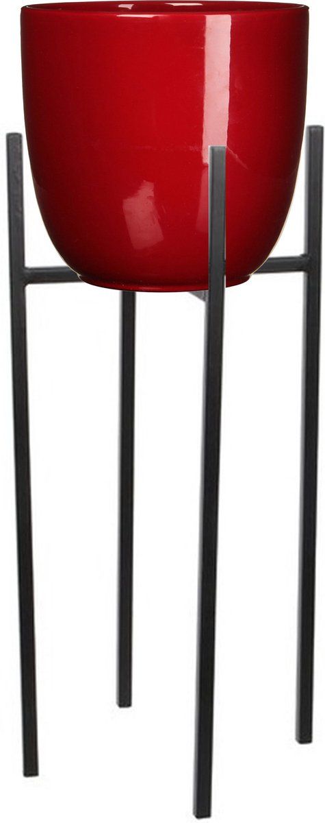 Mica Decorations Bloempot D25 x H23 cm rood met plantenpot verhoger zwart/metaal 25 cm