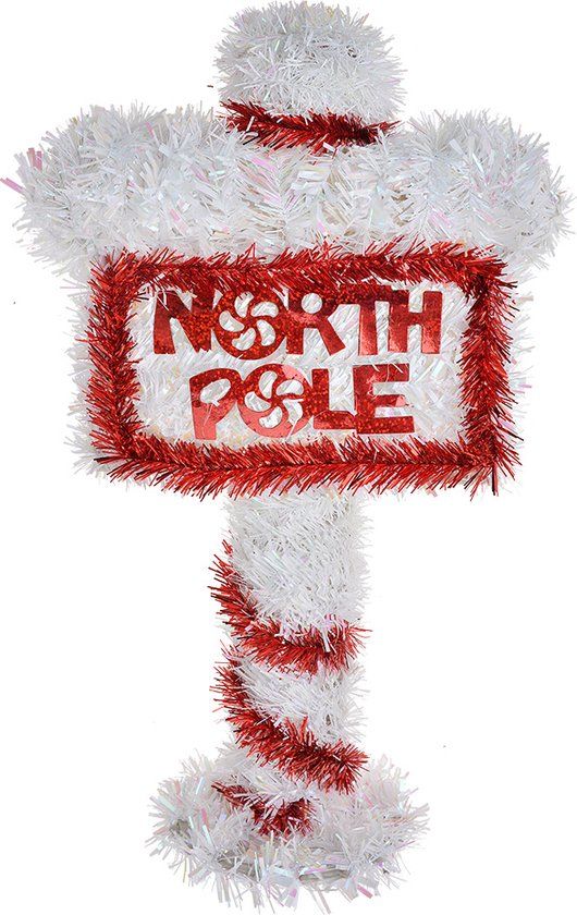 Clayre & Eef Kerst Tekstbord Sign - 20x5x36 cm - Rood Wit - Kunststof - NORTH POLE