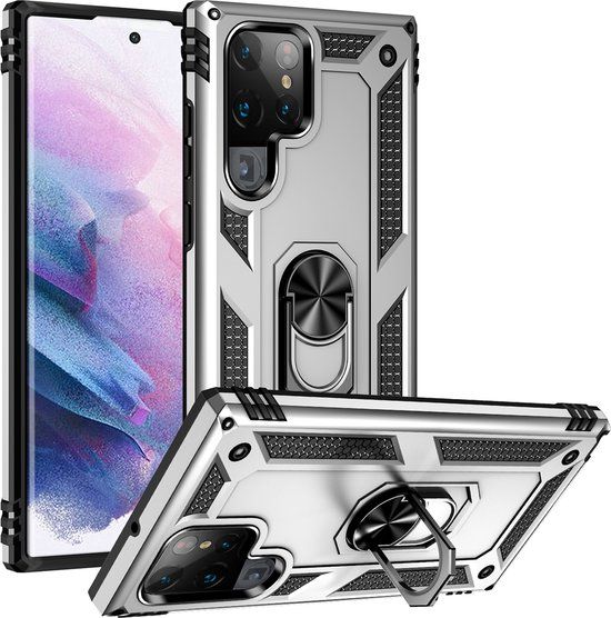 MobyDefend Samsung Galaxy S22 Ultra Case - Silver Gray - Rotating Ring - Back Cover