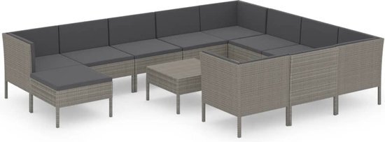 vidaXL 12-delige Loungeset met kussens poly rattan grijs