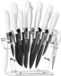 Unyqoos® 16-delige set messen – RVS messen met warmtebehandeling en antiaanbaklaag, ergonomische kunststof handgrepen, messenblok van acryl, inclusief kookmes, Santoku-mes en broodmes
