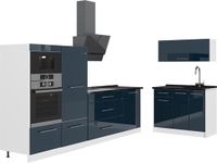 Vicco Keuken Fame-Line, Donkerblauw hoogglans/Wit, 380 cm zonder werkblad