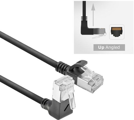 ACT Zwarte 0,25 meter U/FTP CAT6A LSZH Slimline patchkabel met RJ45 connectoren recht naar 90° haaks boven DA4952