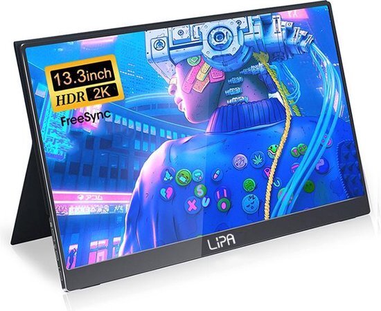 Lipa HDR-50 portable monitor 2K 13.3" - Draagbaar scherm - HDMI - 2x USB C - Met hoes en kickstand - Ook voor Nintendo Switch, Xbox en Playstation - Makkelijk mee te nemen - 2560 x 1440 pixels - Dual Speakers en Freesync