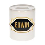 Edwin Tirelire - Blanc - Emblème Or/Noir - 8 x 9 cm - Céramique - Bouchon de fermeture