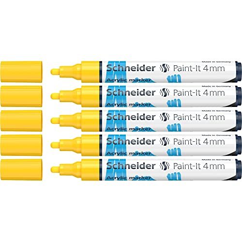 Schneider Paint-It Acrylstiften (met 4 mm ronde punt, hoogdekkende acrylverf voor hout, canvas, steen en nog veel meer.) 5-pack, geel