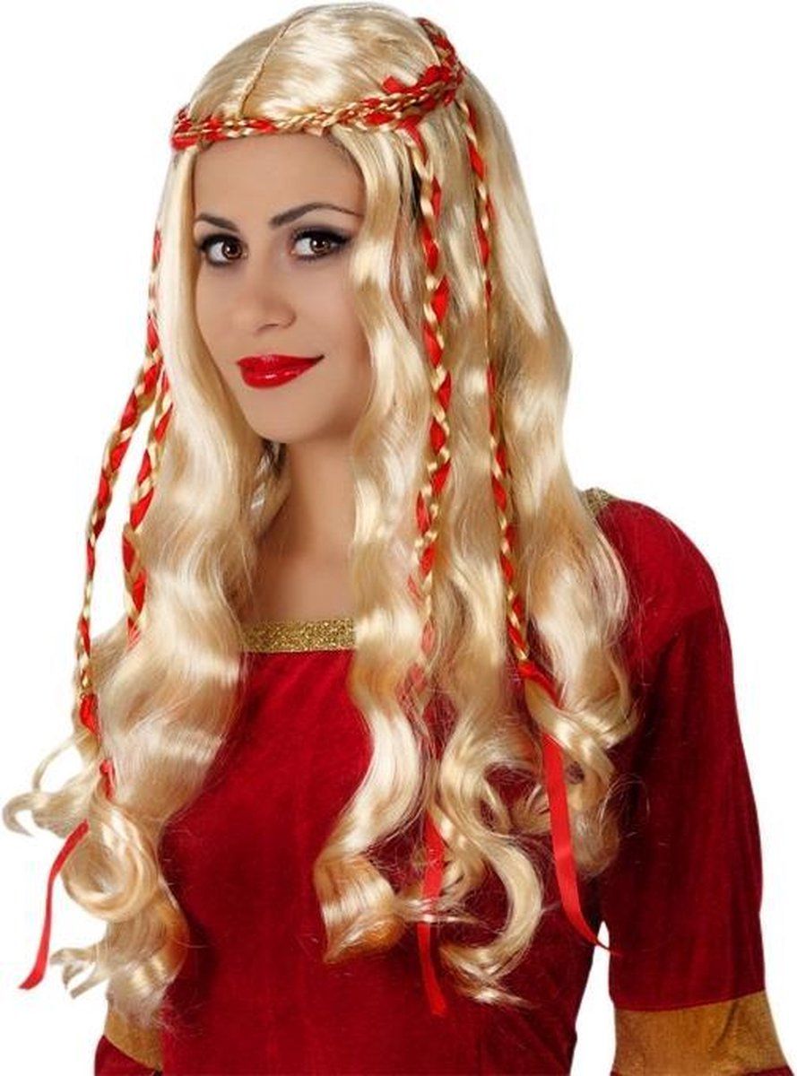 Atosa Lange blonde pruik met rode linten voor vrouwen - Verkleedpruik