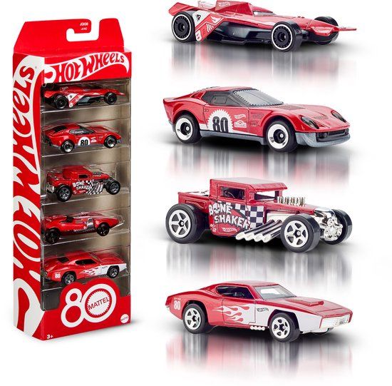 Hot Wheels Core Mattel 80e Verjaardag 5-Pack Speelgoedauto's op Schaal 1:64 met Verzamelbare Decoratie