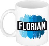 Bellatio Decorations Florian naam cadeau koffie mok - beker - met blauw verfstrepen - Cadeau collega - vaderdag - verjaardag - meester - coach - 300 ml - wit