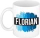Bellatio Decorations Florian naam cadeau koffie mok - beker - met blauw verfstrepen - Cadeau collega - vaderdag - verjaardag - meester - coach - 300 ml - wit