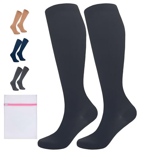 360 Relief Compressiesokken Dammes en Herren - Plus Maat Effen Kleuren Compressiekousen voor Sport, Hardlopen, Vliegen, Reizen, Joggen, Fietsen, Werk - Zwart 3XL Kniehoge sokken met Waszakje