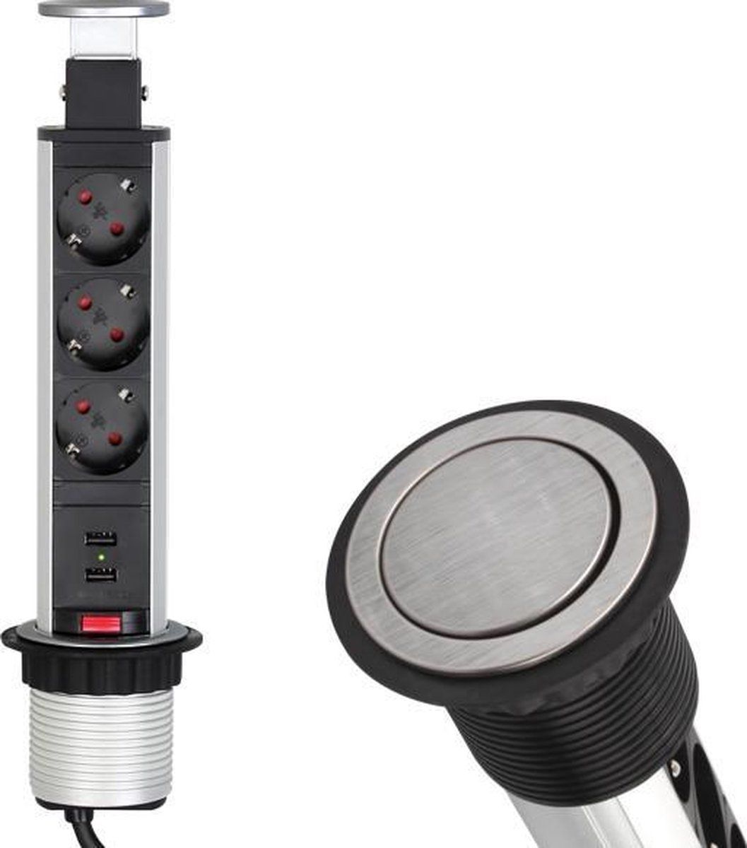DESIGN LIGHT Verticale Stekkerdoos - Pop up stekkerblok met 3 stopcontacten - Grijs