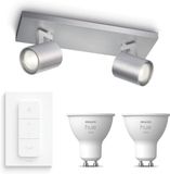 Philips Hue Spot encastrable (Aluminium) - Lumière blanc chaud - Interrupteur variateur Hue inclus - Spot de plafond avec 2 points lumineux - GU10 - Hue White