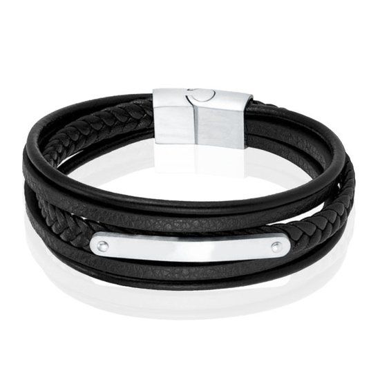 Mendes Lederen Armband voor Mannen - Zilver, Met Graveerplaat en RVS Sluiting-23cm