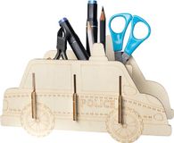 Pebaro 477/4 Lasergesneden houten bouwset, penhouder, politieauto, 3D-puzzel, houten doe-het-zelf, houten puzzel, voorgesneden houten plaat, met schuurpapier, barsten