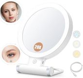 RALA Vergrootspiegel met licht, 20X/1X dubbelzijdig tafelblad draagbare verlichte make-up schoonheidsspiegel, 3 kleuren verlichting, dimbaar aanraakscherm
