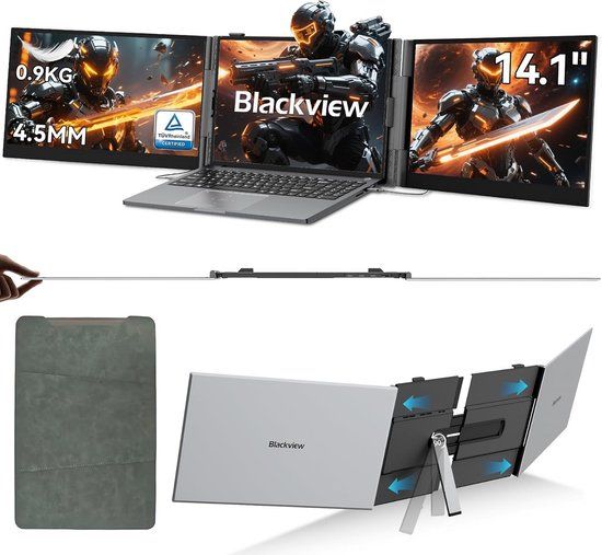 Blackview DCM6 Portable Monitor - 14" Dual Screen - Portable Screen - Portable Monitor for Laptop 13"-17.3" - Laptop Screen Extender - - Extra laptop screen - Plug & Play - Includes cables and protective case - Grey