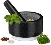 Merkloos Relaxdays Granieten vijzel met stamper, duurzaam, specerijen, kruiden, antislip, steenvijzel, Ø 14 cm, 400 ml, grijs/wit